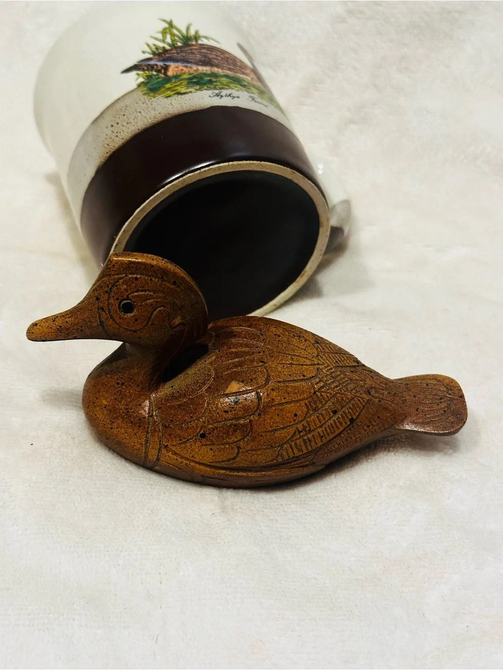 Hand Carved Wooden Duck Figurine Folk Art Cabin Lodge Decor Rustic Bird Vtg Mug